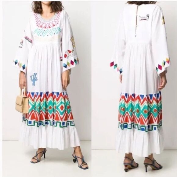 Mira Mikati White Geometric Kimono Sleeve Embroidered Maxi Dress Women's Size 0 - Picture 1 of 10
